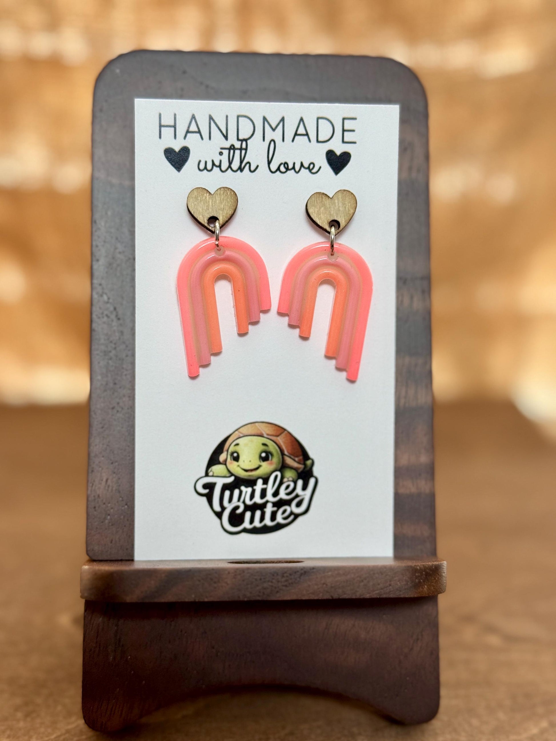 Handmade Boho Rainbow Earrings - Wood Heart Posts with Muted Pink and Orange Resin Rainbows