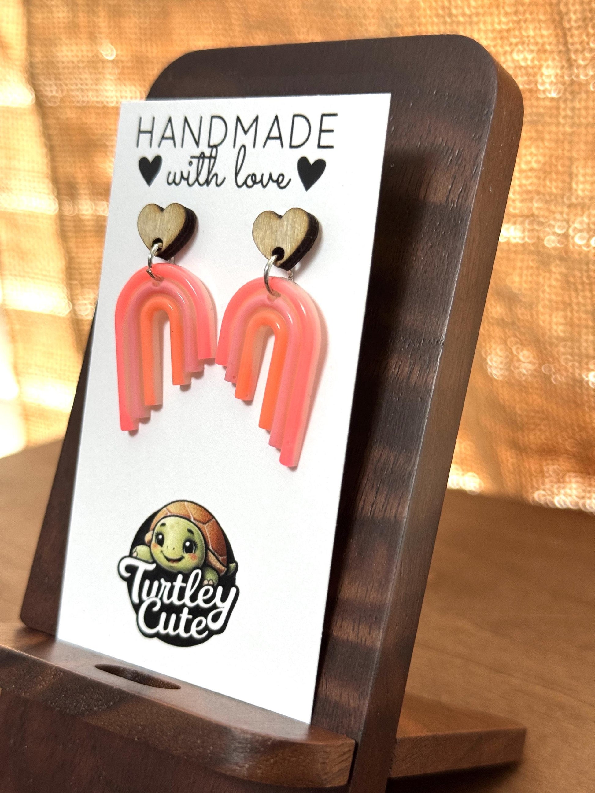 Handmade Boho Rainbow Earrings - Wood Heart Posts with Muted Pink and Orange Resin Rainbows