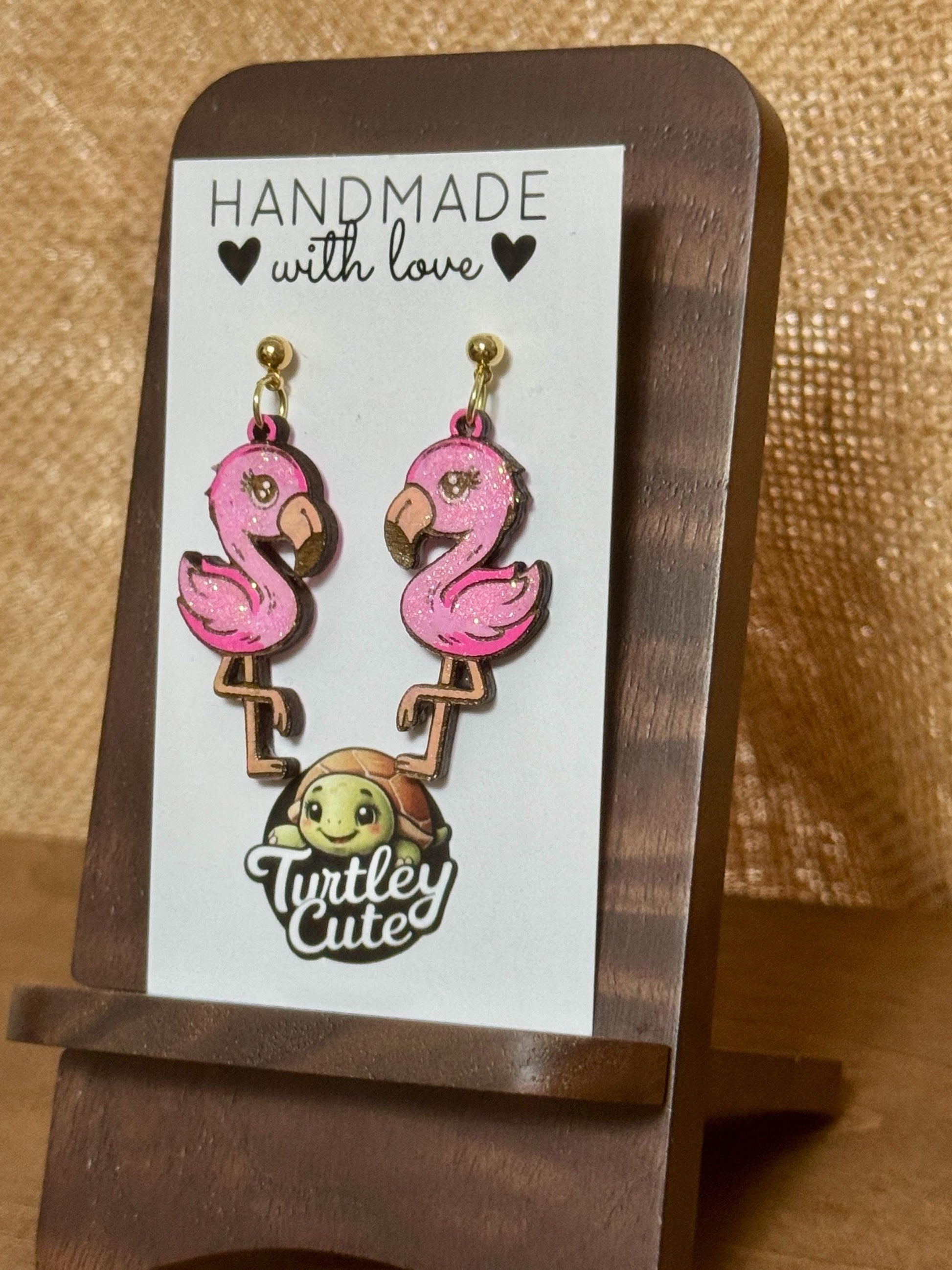 Handmade Wood Flamingo Earrings: Pink Glitter Dangle Jewelry