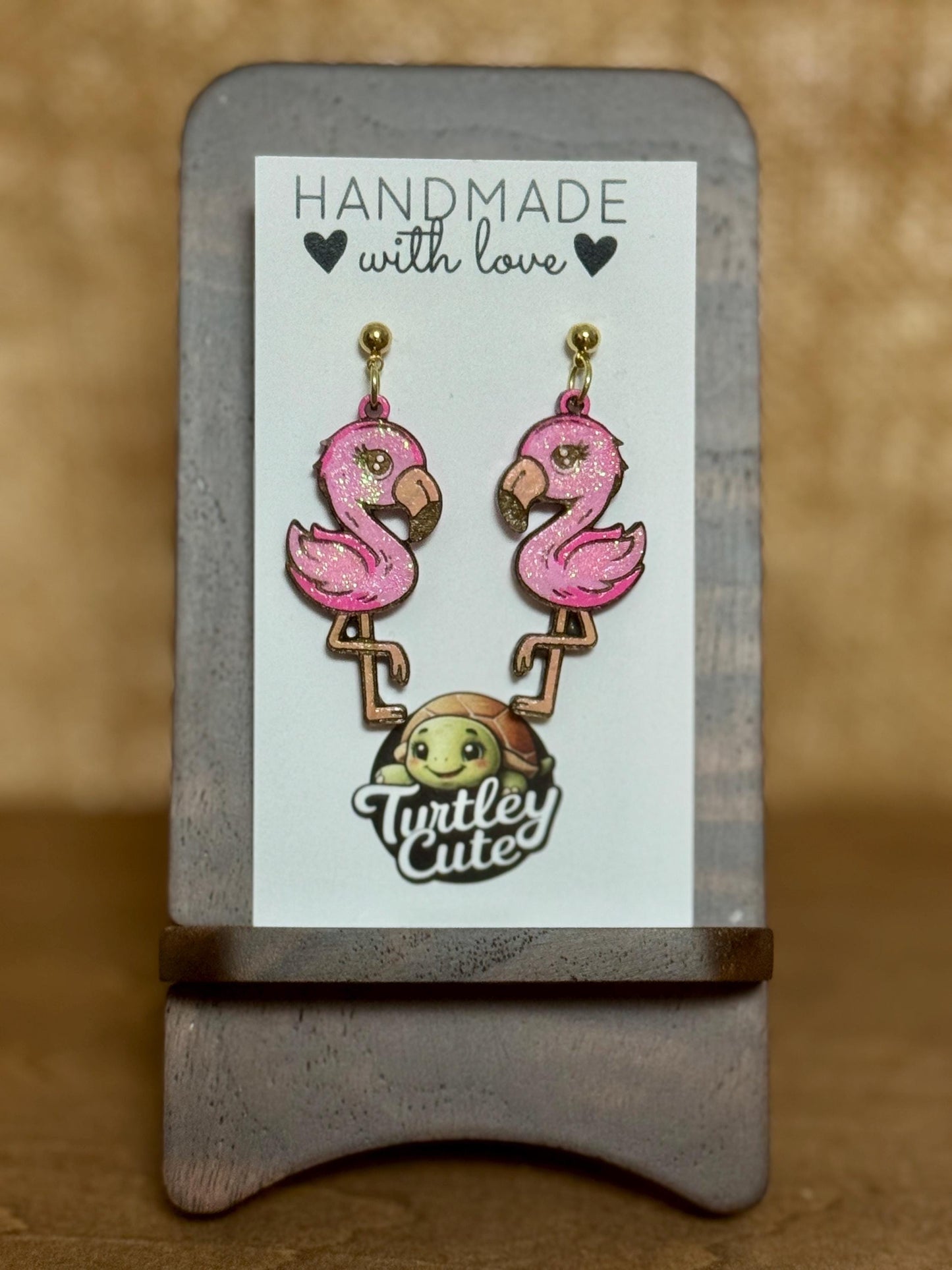 Handmade Wood Flamingo Earrings: Pink Glitter Dangle Jewelry