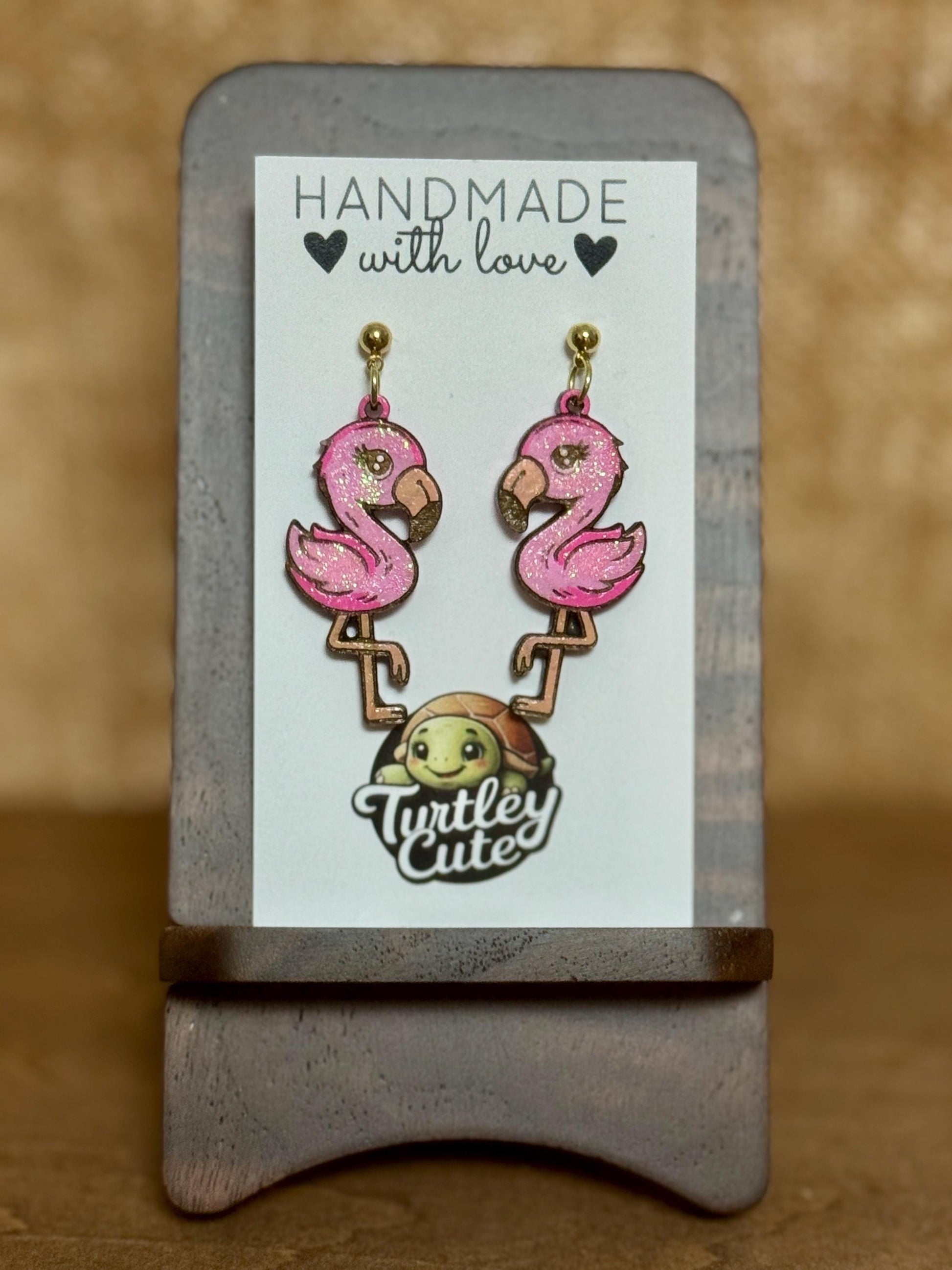 Handmade Wood Flamingo Earrings: Pink Glitter Dangle Jewelry