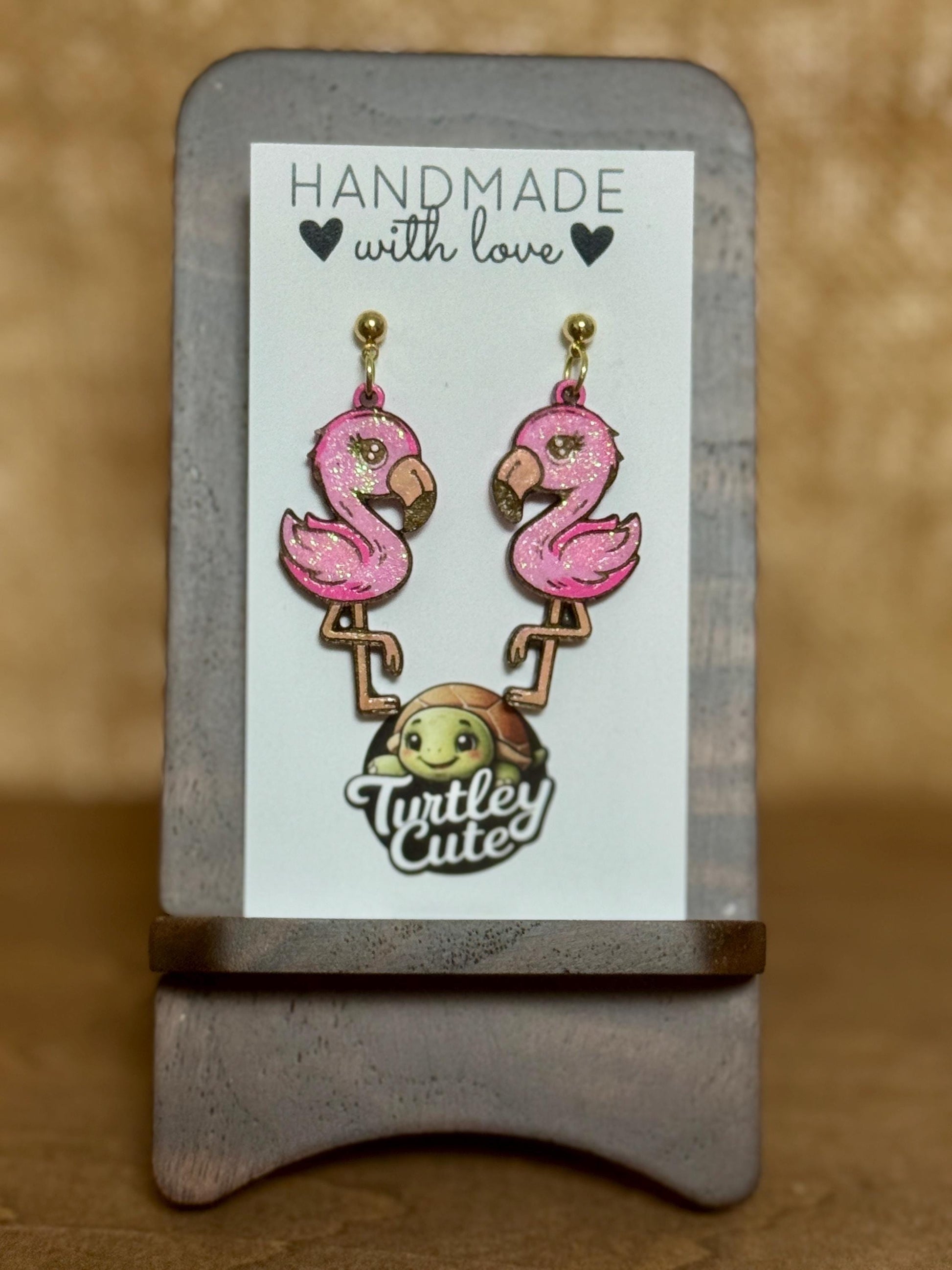 Handmade Wood Flamingo Earrings: Pink Glitter Dangle Jewelry