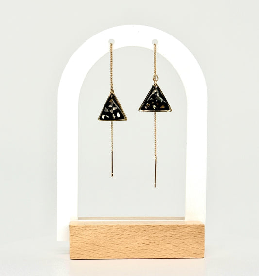 Simple Black Resin Threader Earrings – Modern Gold Pebbles, Triangle Pendant