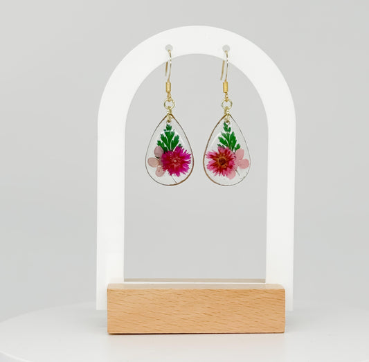 Elegant Resin Earrings with Pink Pressed Flowers & Green Leaves