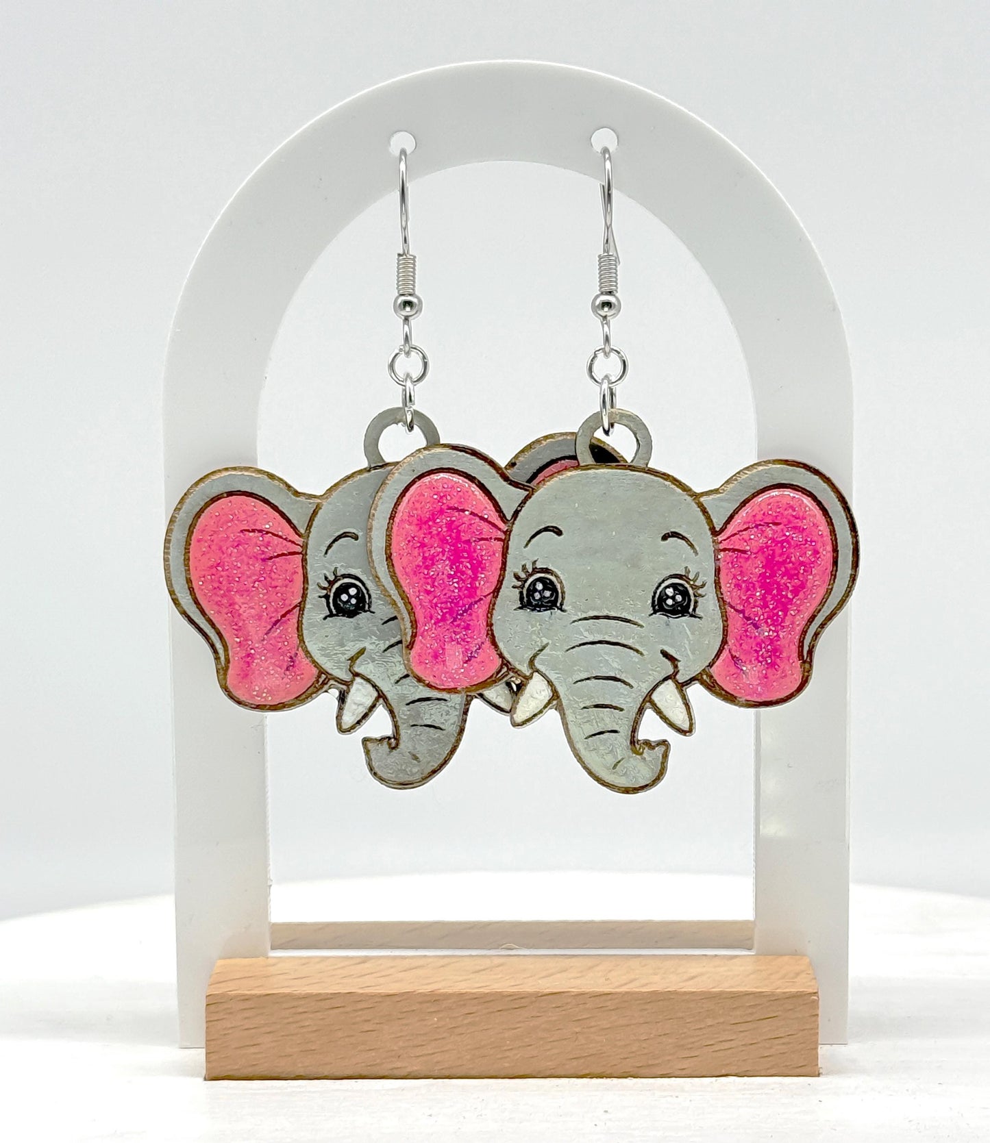 Handmade Elephant Woodcut Earrings – Engraved Detail with Glitter & Resin Pink Ears