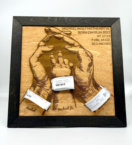 Personalized Family Keepsake – Custom Engraved Wooden Gift with Hospital Bracelets
