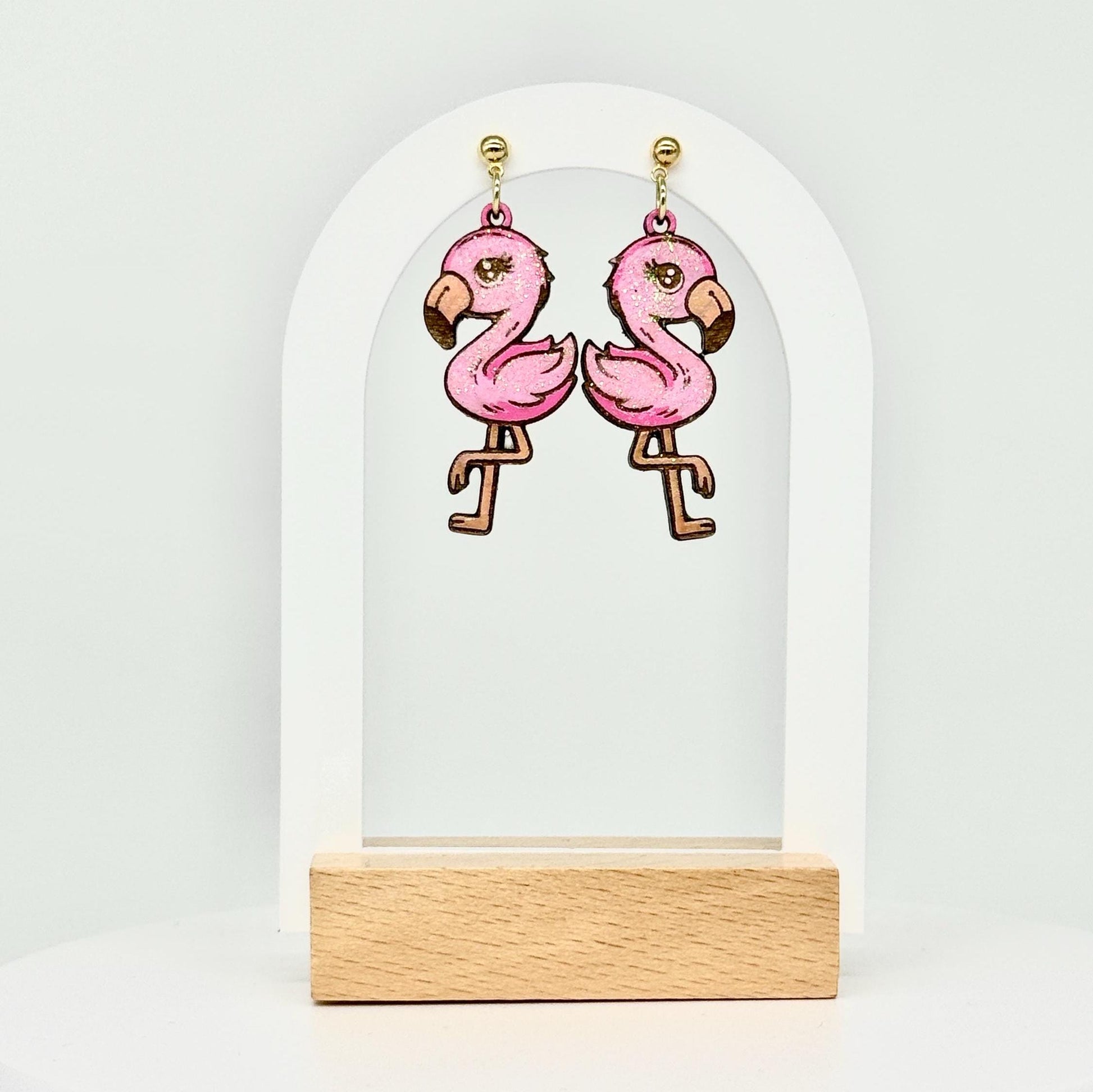 Handmade Wood Flamingo Earrings: Pink Glitter Dangle Jewelry