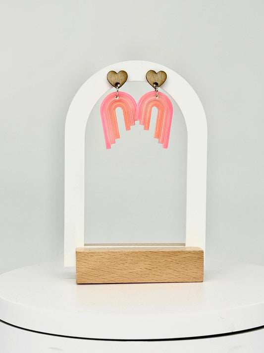 Handmade Boho Rainbow Earrings - Wood Heart Posts with Muted Pink and Orange Resin Rainbows