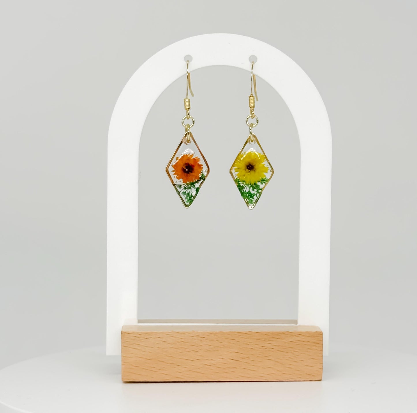 Dual Tone Floral Resin Earrings: Orange & Yellow Flower French Hooks