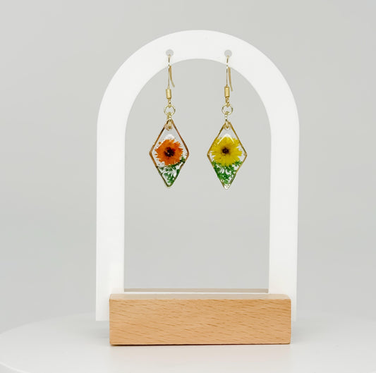 Dual Tone Floral Resin Earrings: Orange & Yellow Flower French Hooks