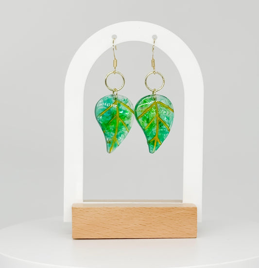 Handmade Resin Leaf Earrings – Green & Gold Accents for a Boho-Chic Look