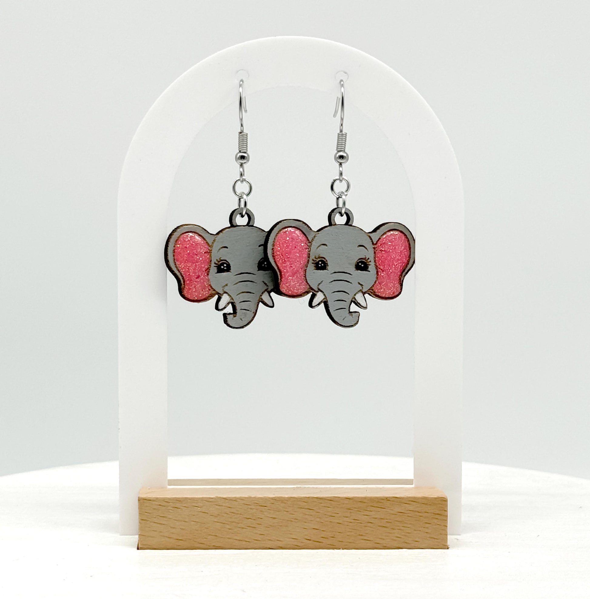 Handmade Elephant Woodcut Earrings – Engraved Detail with Glitter & Resin Pink Ears