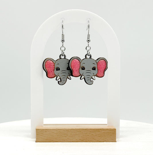 Handmade Elephant Woodcut Earrings – Engraved Detail with Glitter & Resin Pink Ears