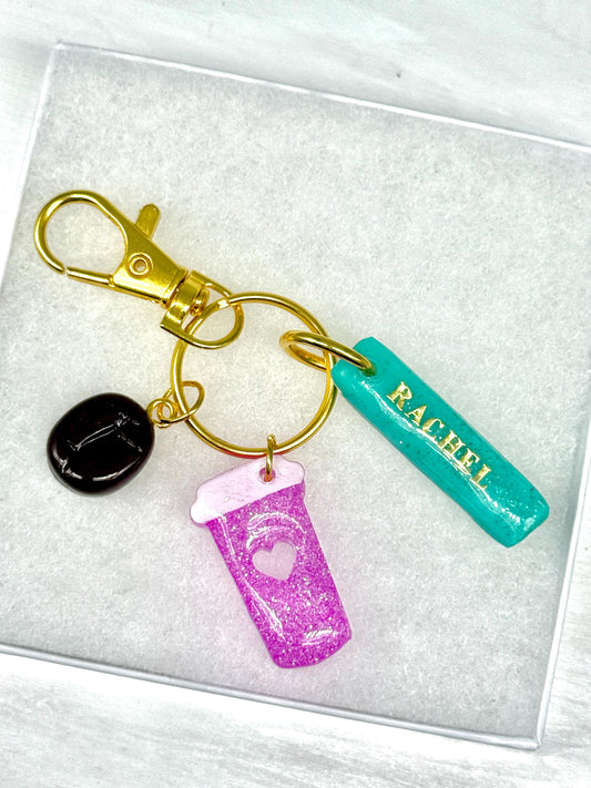 Personalized Coffee Keychain: Glitter Cup, Bean & Name Charm
