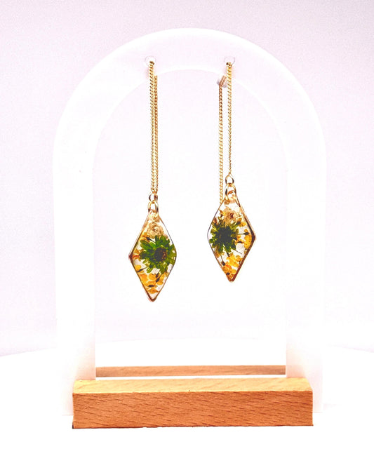 Handmade Diamond Resin Earrings – Real Floral Accents with Gold Threader