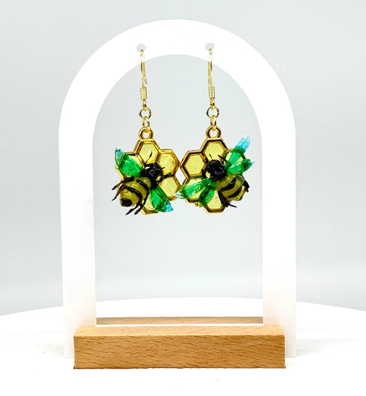 Handmade Honey Bumble Bee Honeycomb Resin Earrings – 14K Gold Plated, Crafted in the USA