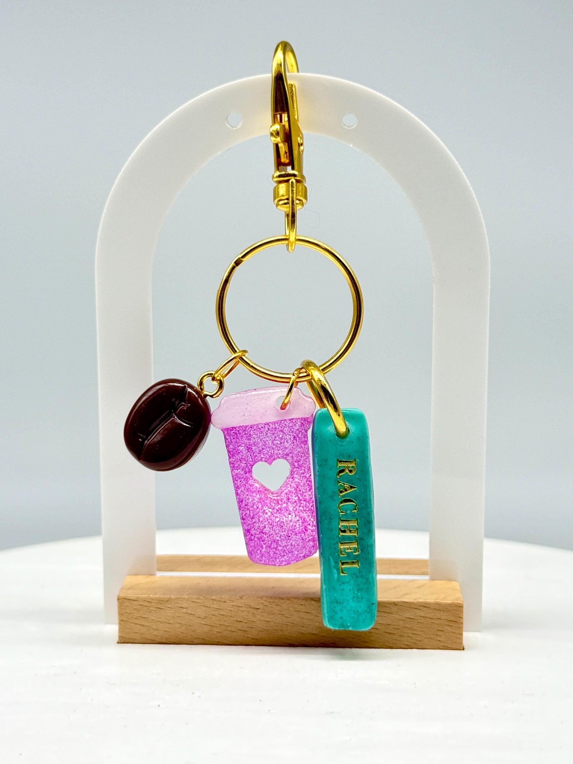 Personalized Coffee Keychain: Glitter Cup, Bean & Name Charm