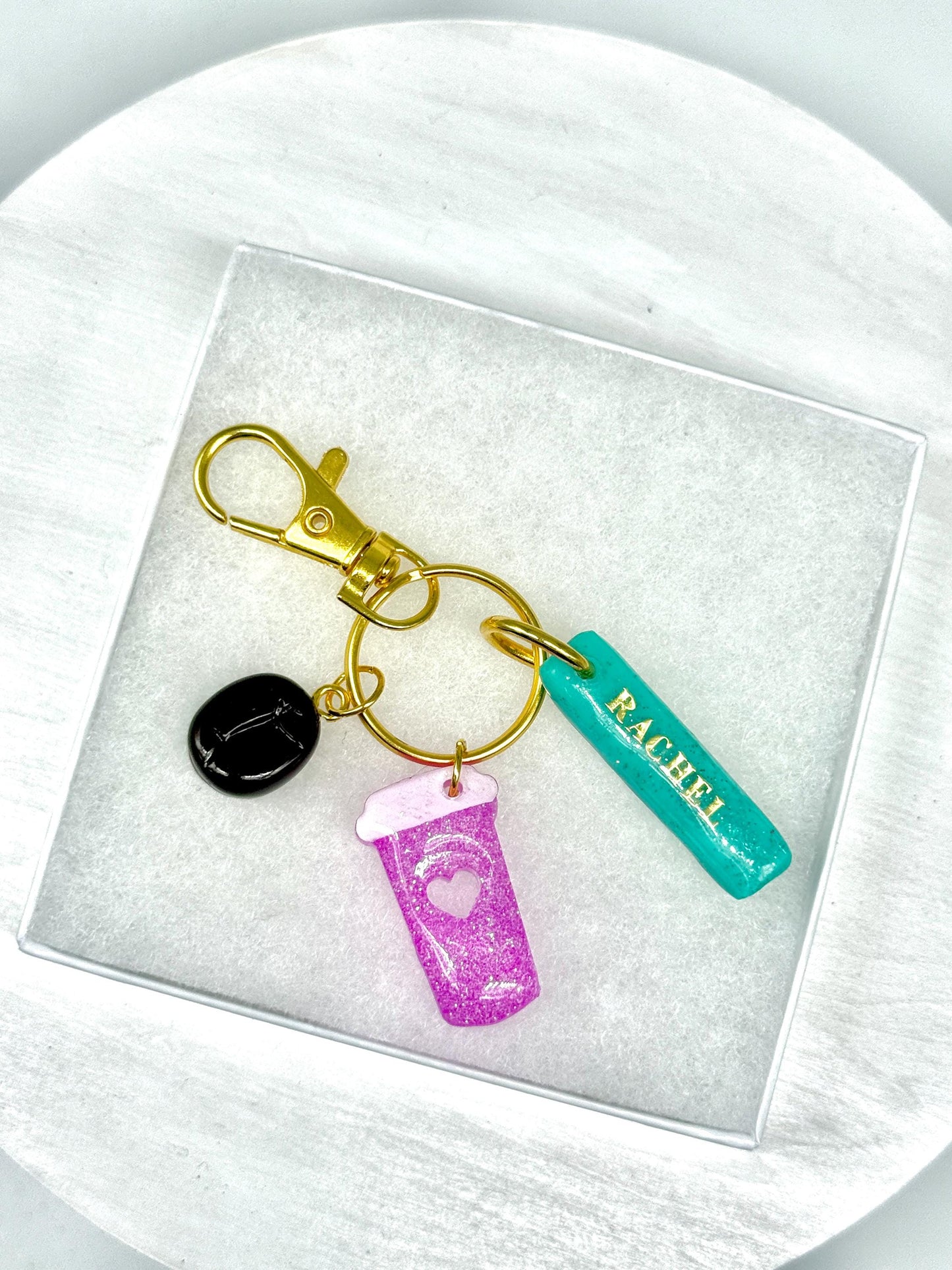 Personalized Coffee Keychain: Glitter Cup, Bean & Name Charm