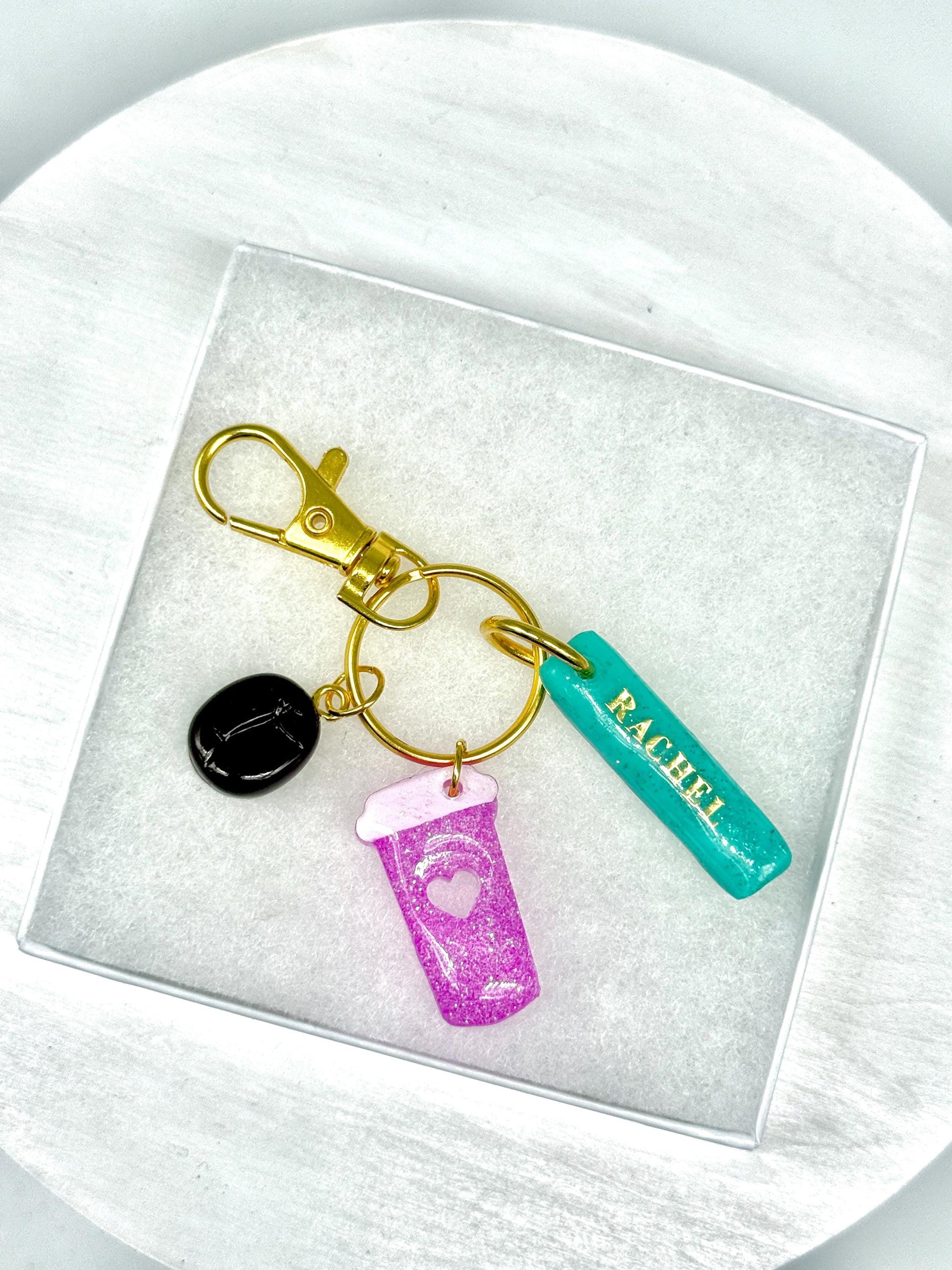 Personalized Coffee Keychain: Glitter Cup, Bean & Name Charm