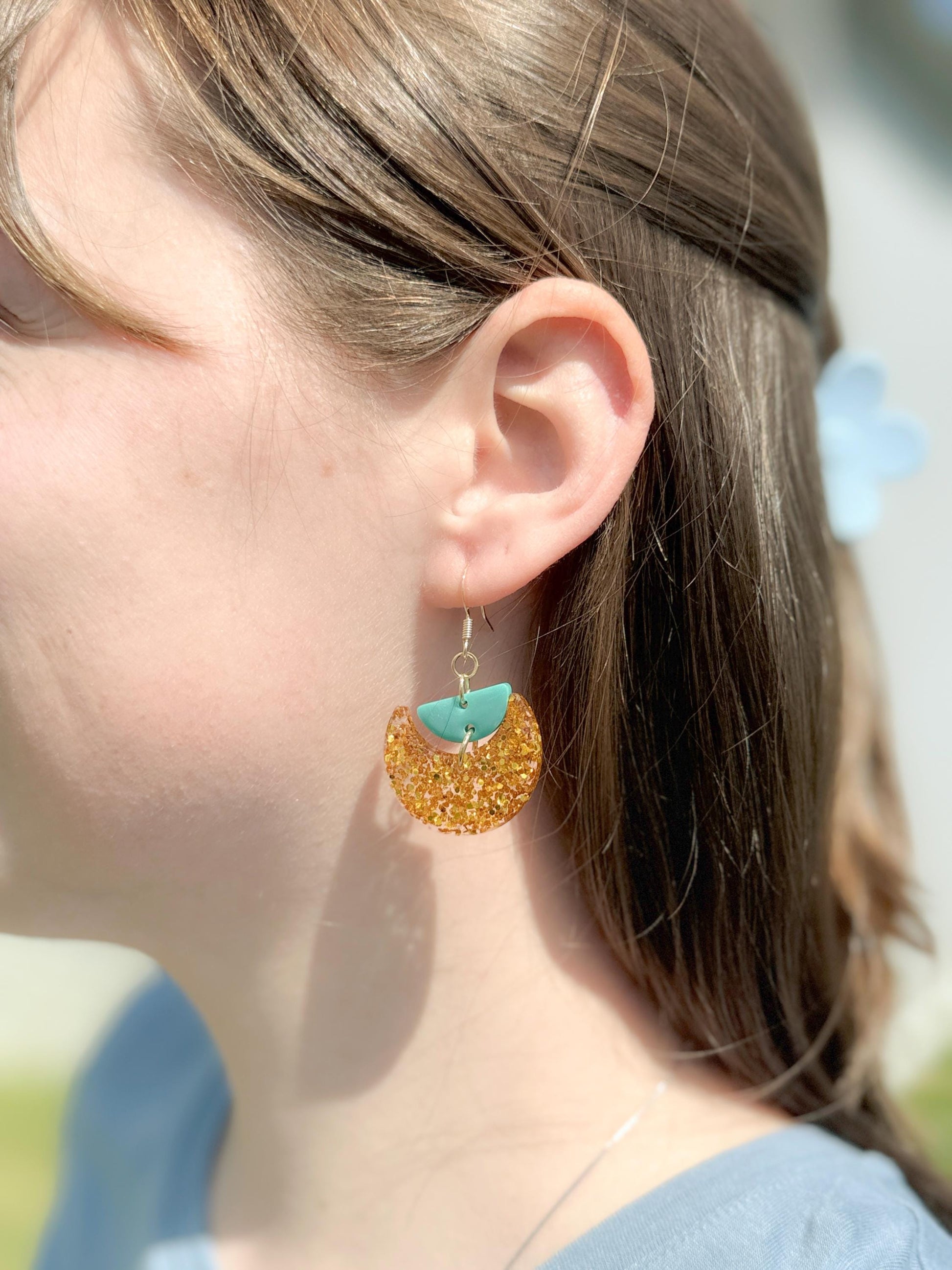Gold Glitter Resin Earrings: Teal Crescent Boho Dangles