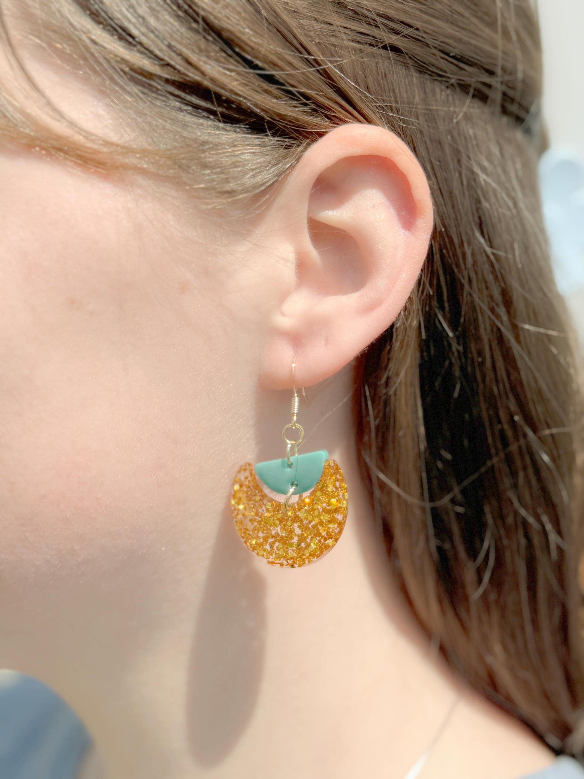 Gold Glitter Resin Earrings: Teal Crescent Boho Dangles