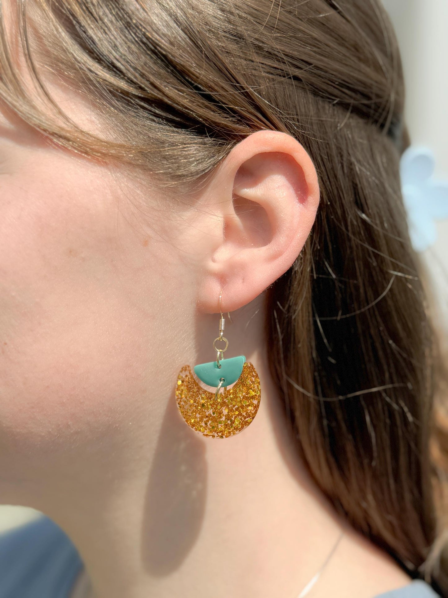 Gold Glitter Resin Earrings: Teal Crescent Boho Dangles