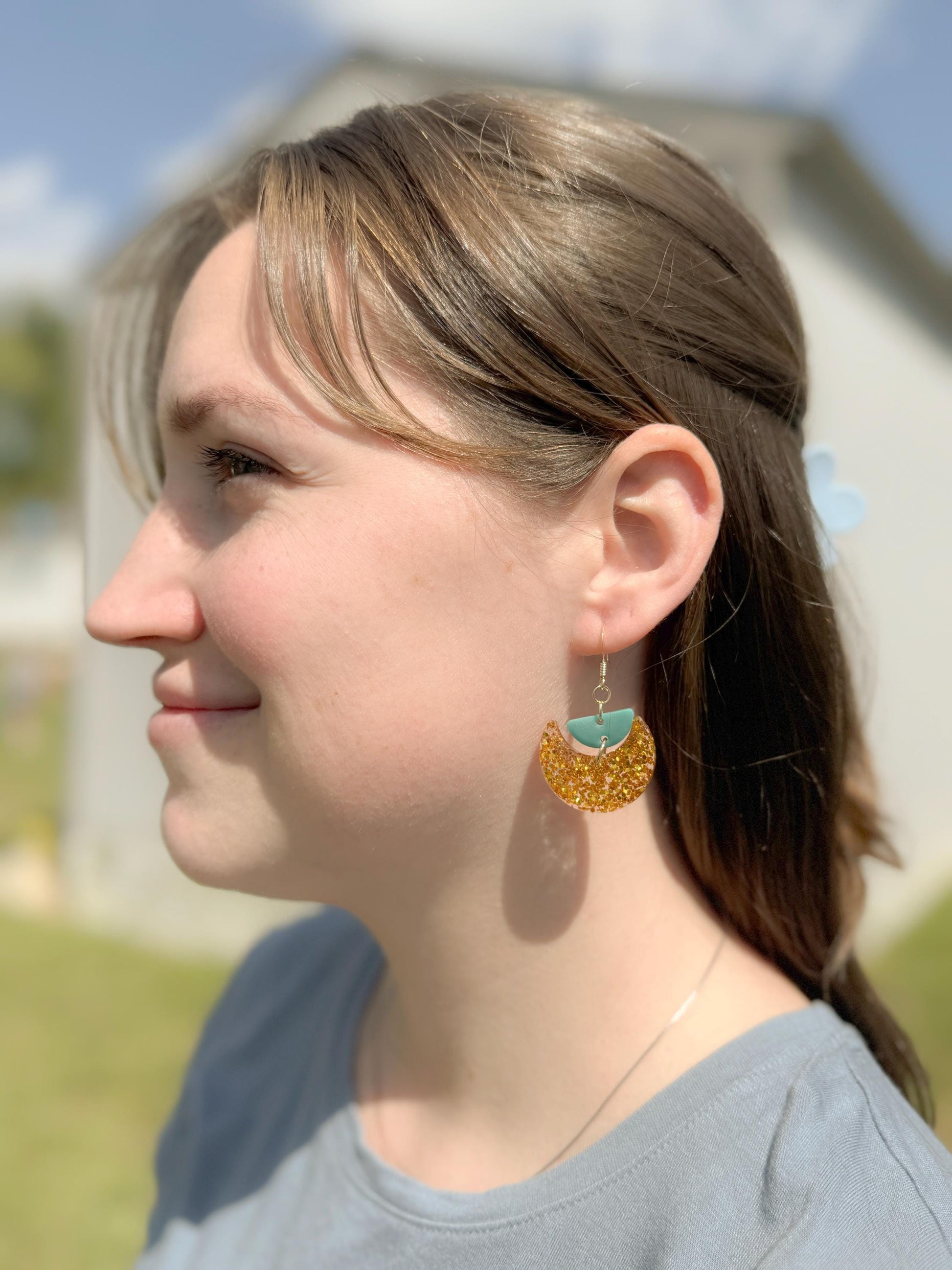 Gold Glitter Resin Earrings: Teal Crescent Boho Dangles