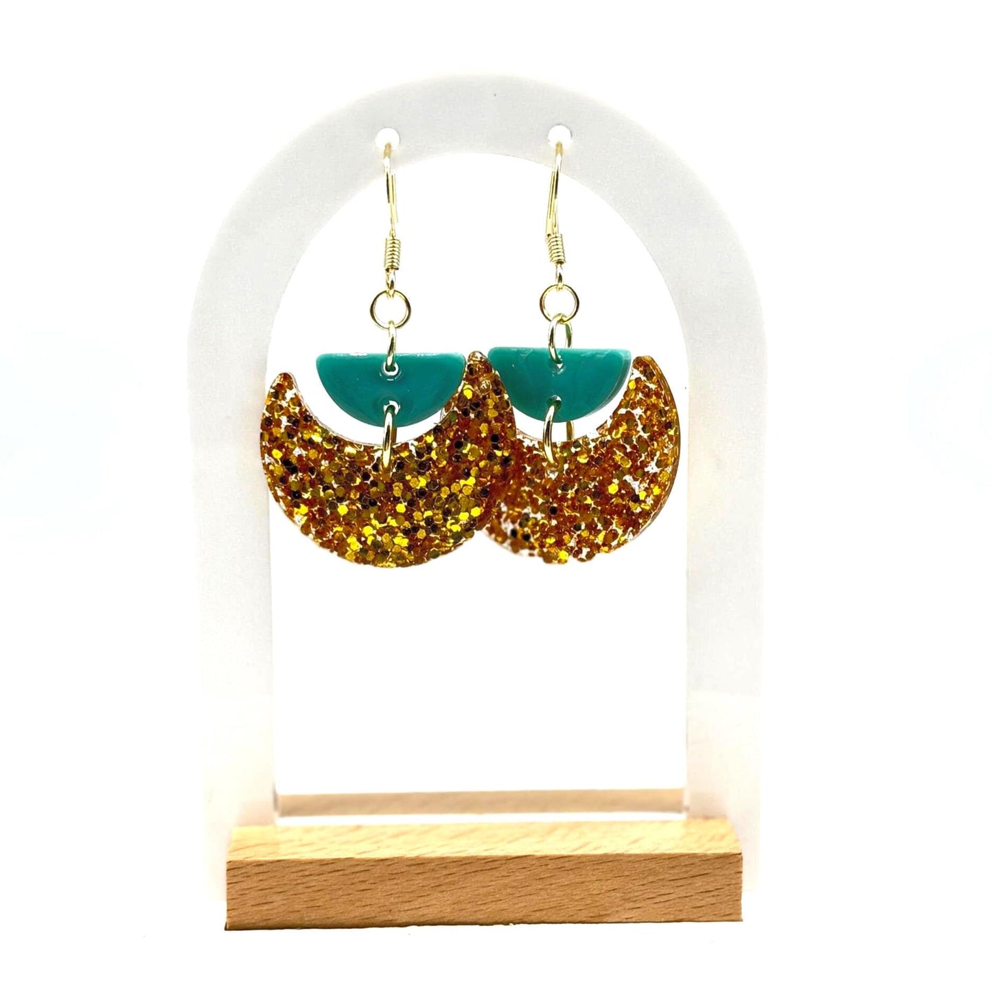 Gold Glitter Resin Earrings: Teal Crescent Boho Dangles
