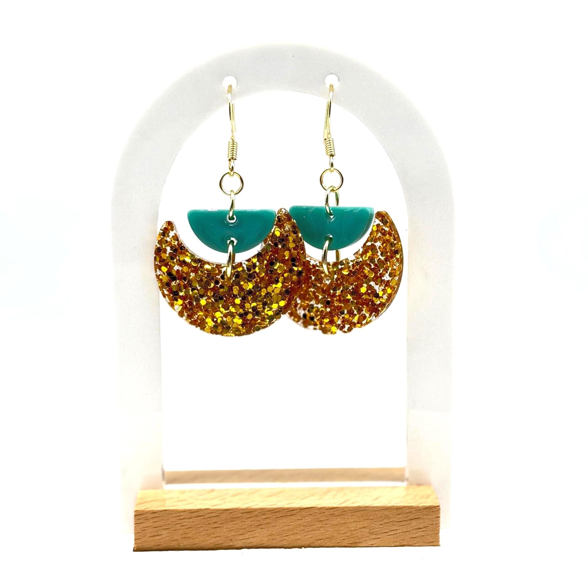 Gold Glitter Resin Earrings: Teal Crescent Boho Dangles