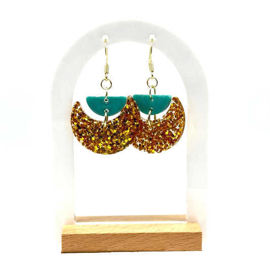 Gold Glitter Resin Earrings: Teal Crescent Boho Dangles