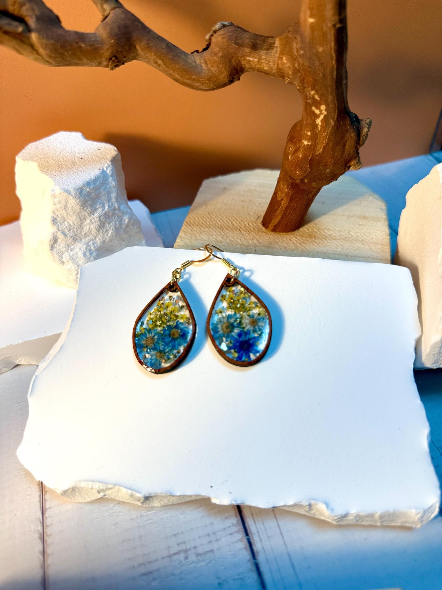 Real Pressed Flower Resin Earrings: Blue Daisies, Gold Hooks