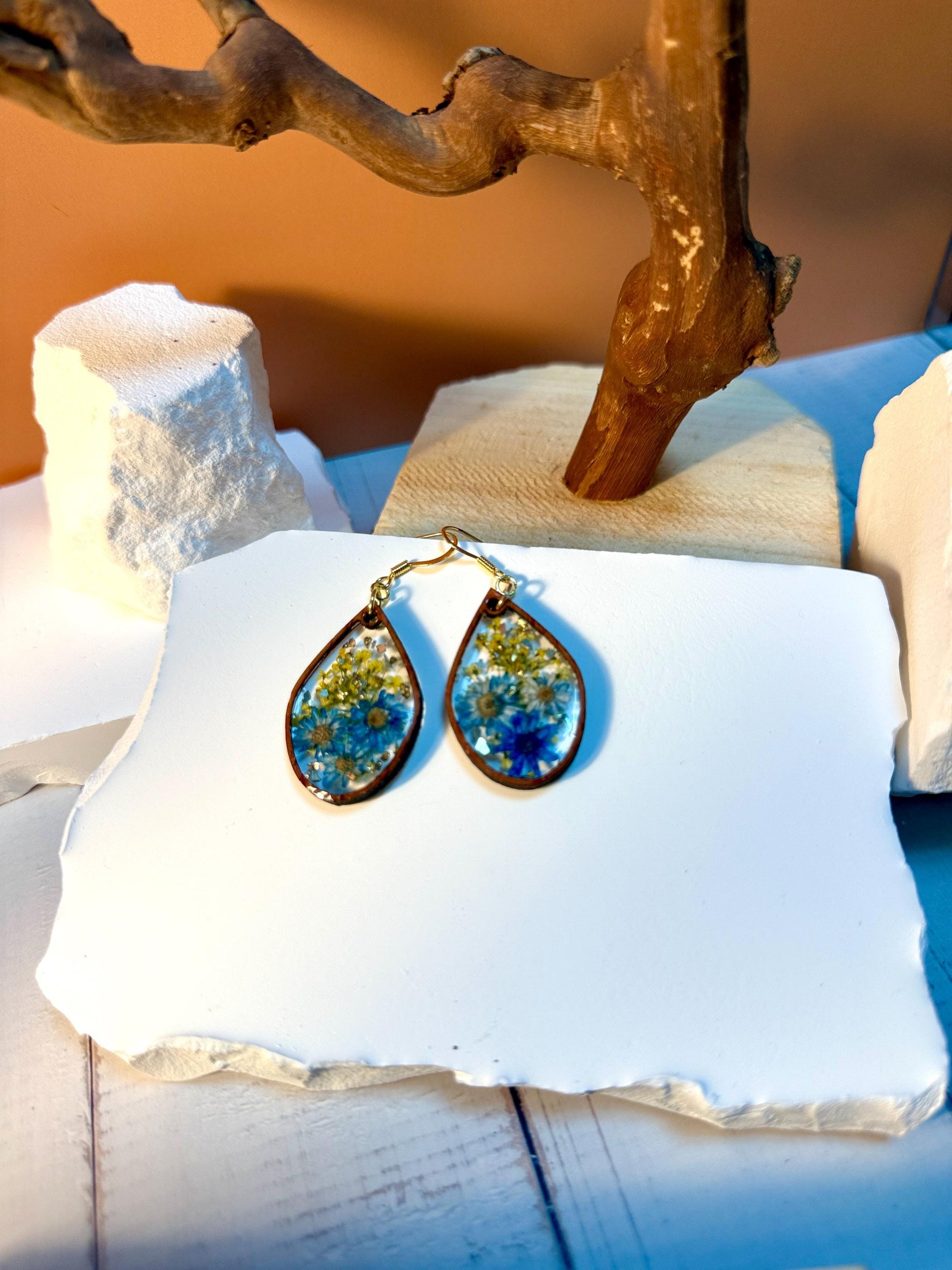 Real Pressed Flower Resin Earrings: Blue Daisies, Gold Hooks
