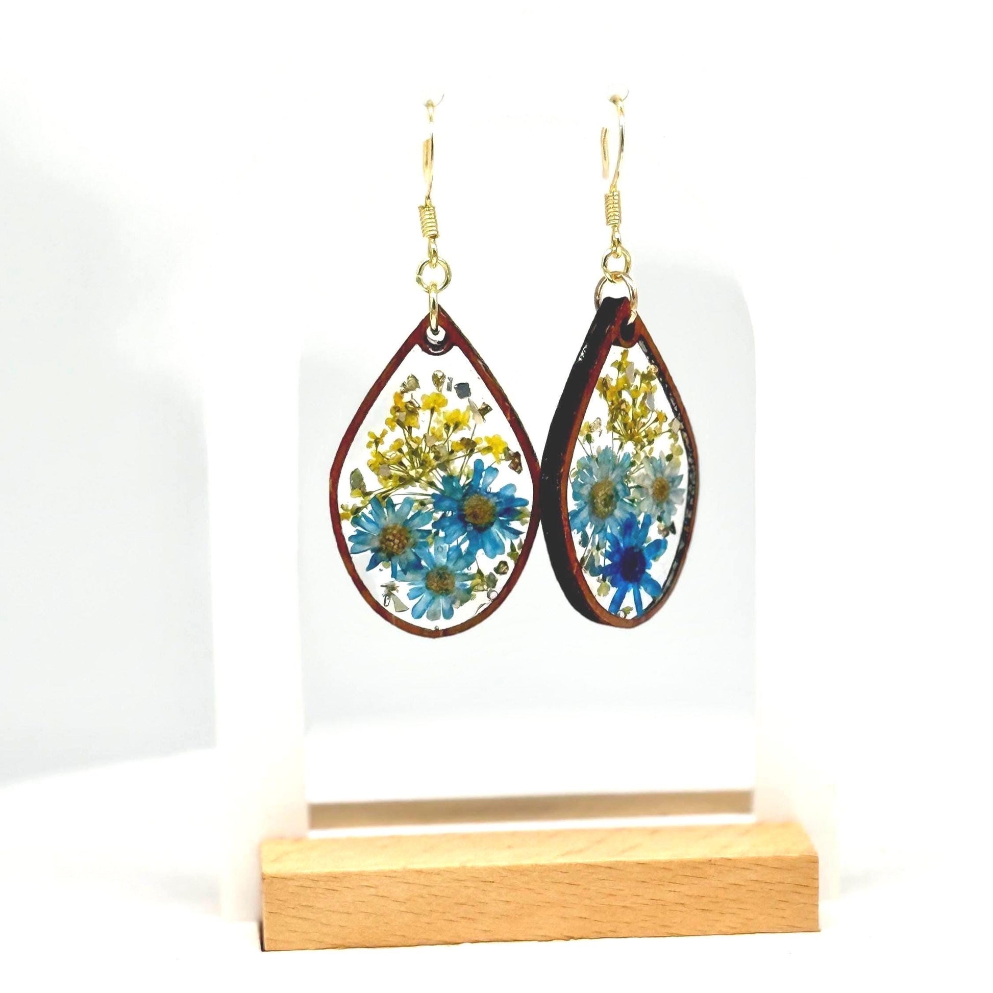 Real Pressed Flower Resin Earrings: Blue Daisies, Gold Hooks