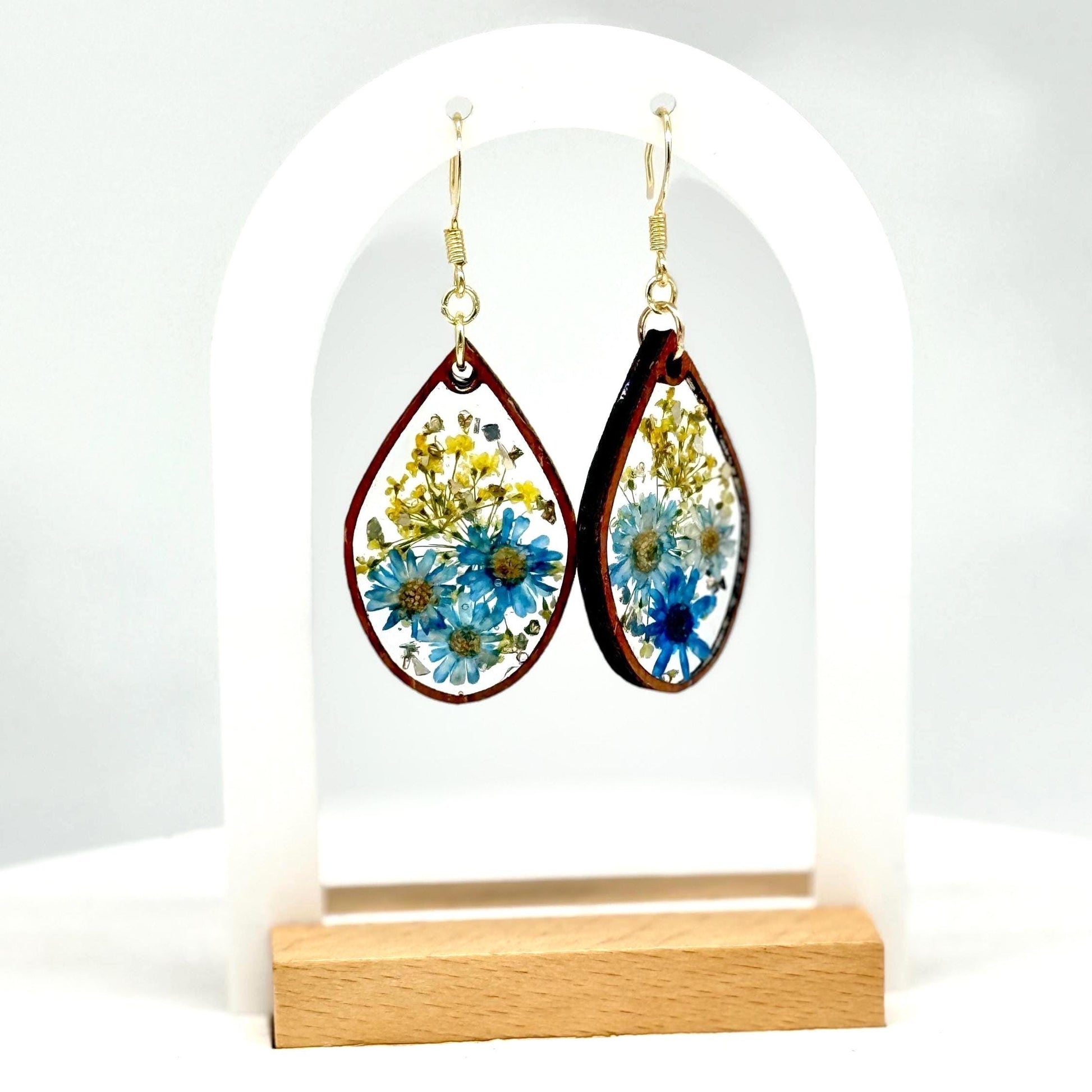 Real Pressed Flower Resin Earrings: Blue Daisies, Gold Hooks