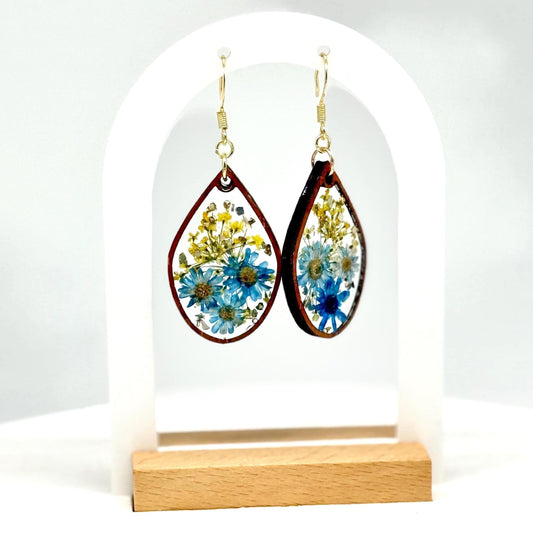 Real Pressed Flower Resin Earrings: Blue Daisies, Gold Hooks