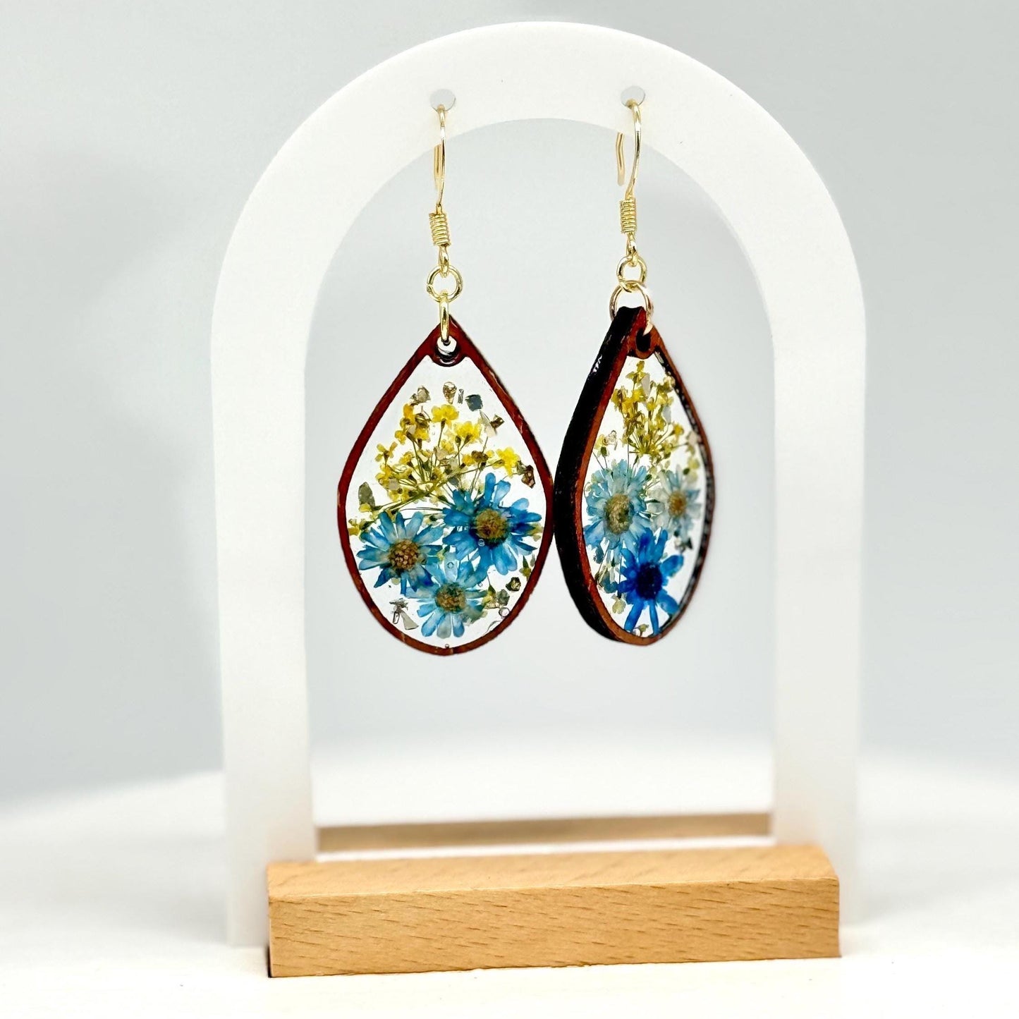 Real Pressed Flower Resin Earrings: Blue Daisies, Gold Hooks