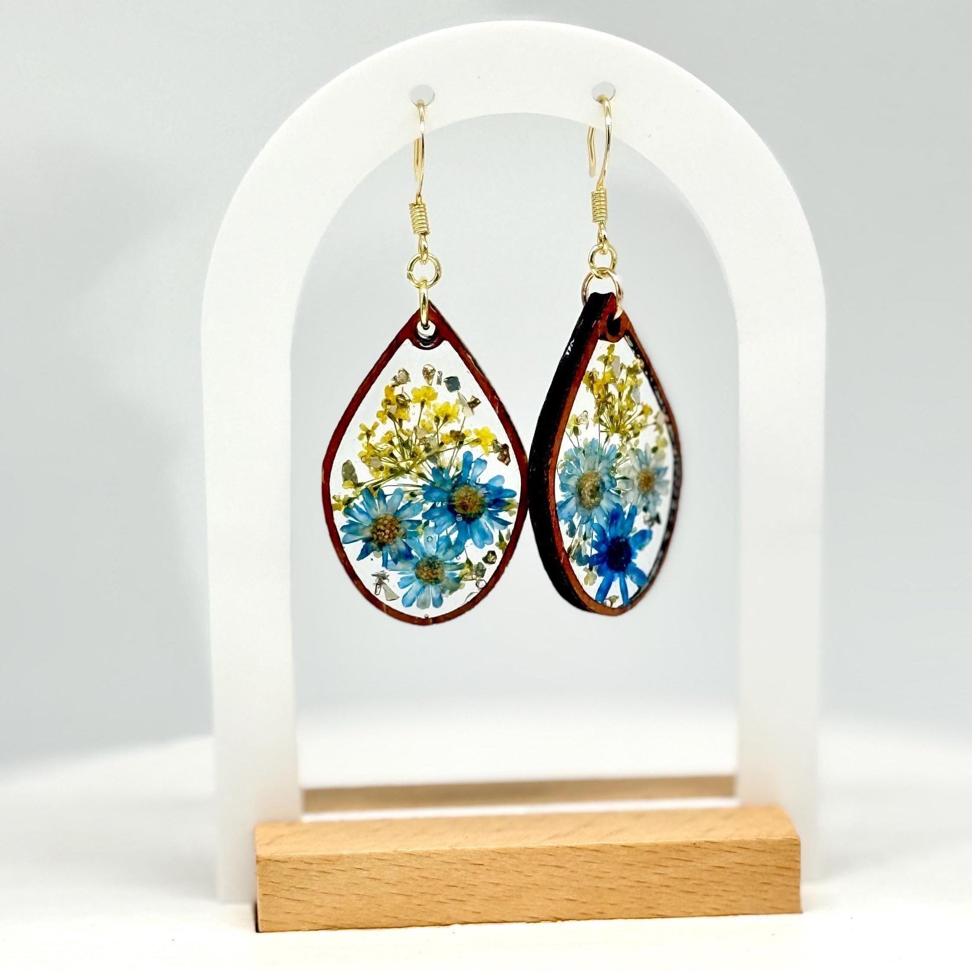Real Pressed Flower Resin Earrings: Blue Daisies, Gold Hooks