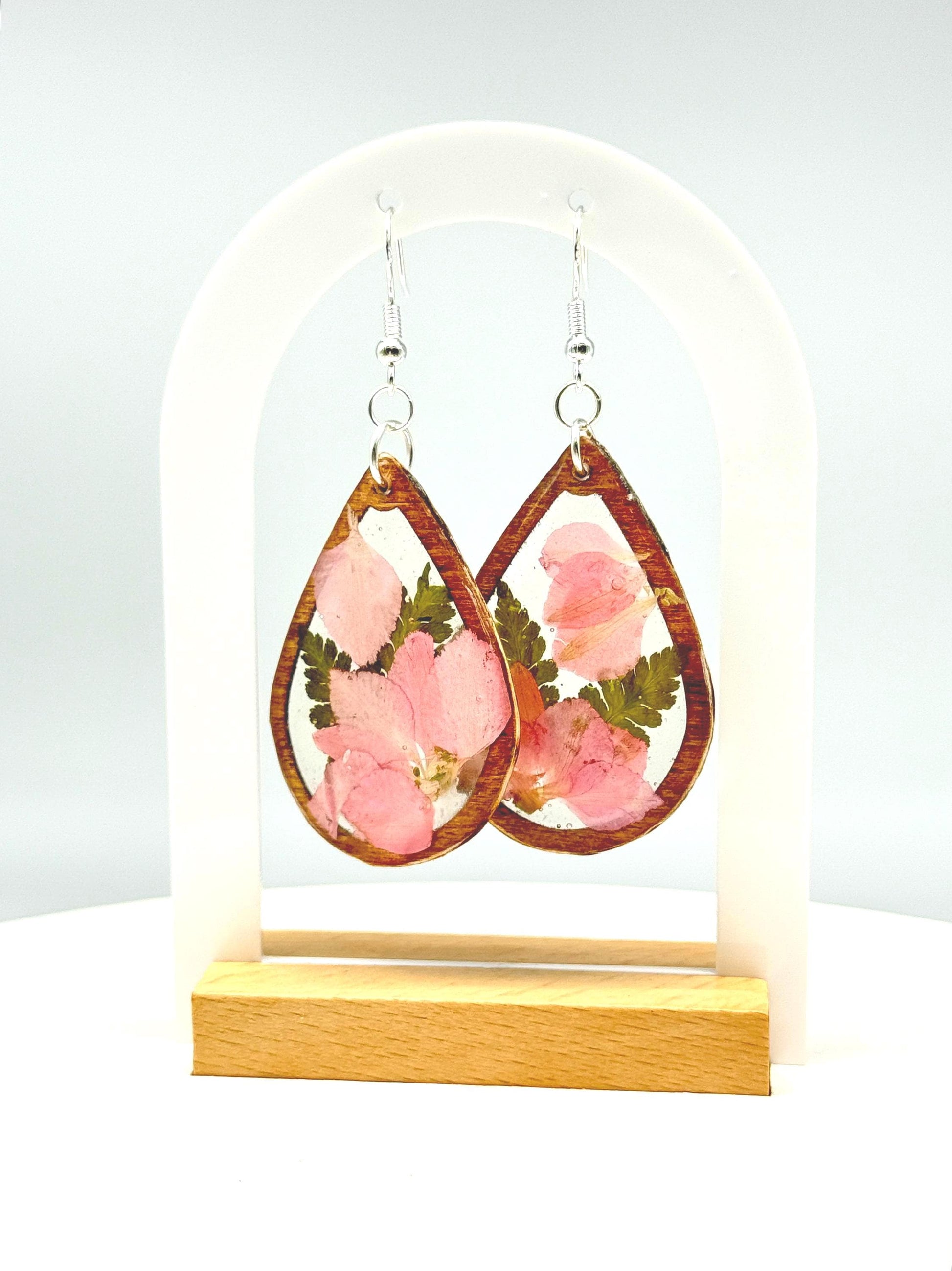 Pink Real Flower Resin & Wood Teardrop Earrings – Handmade Botanical Jewelry