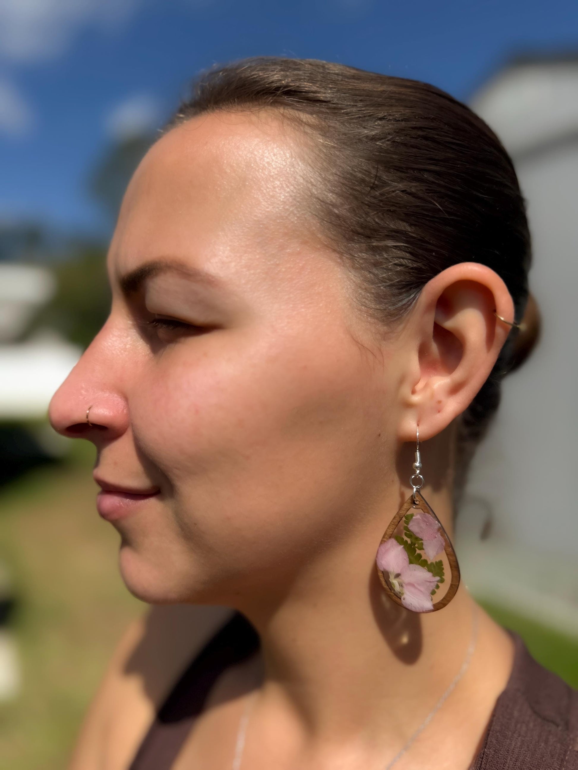 Pink Real Flower Resin & Wood Teardrop Earrings – Handmade Botanical Jewelry