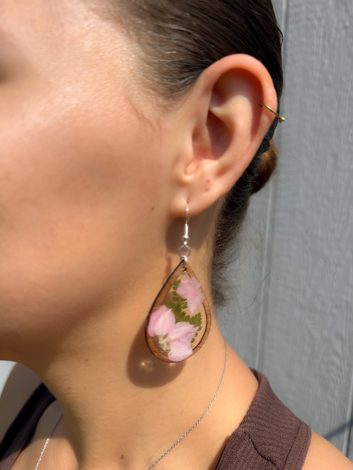 Pink Real Flower Resin & Wood Teardrop Earrings – Handmade Botanical Jewelry