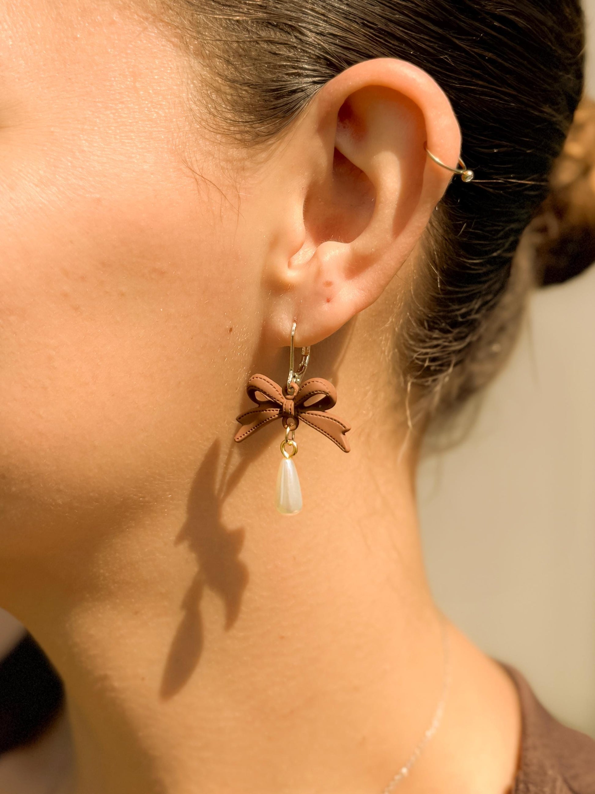 Handmade Brown Bow Earrings: Polymer Dangle with Pearl Drop