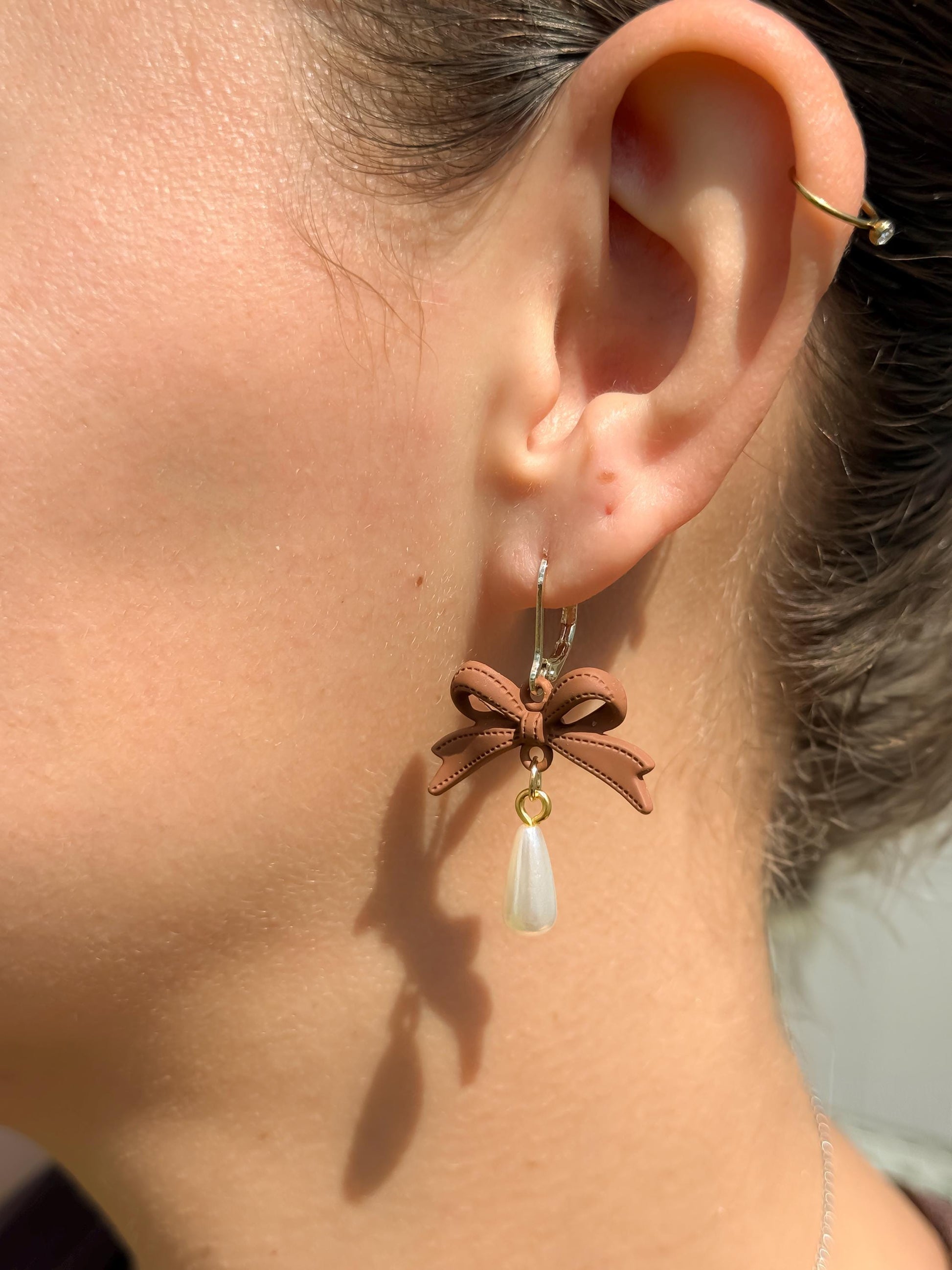 Handmade Brown Bow Earrings: Polymer Dangle with Pearl Drop