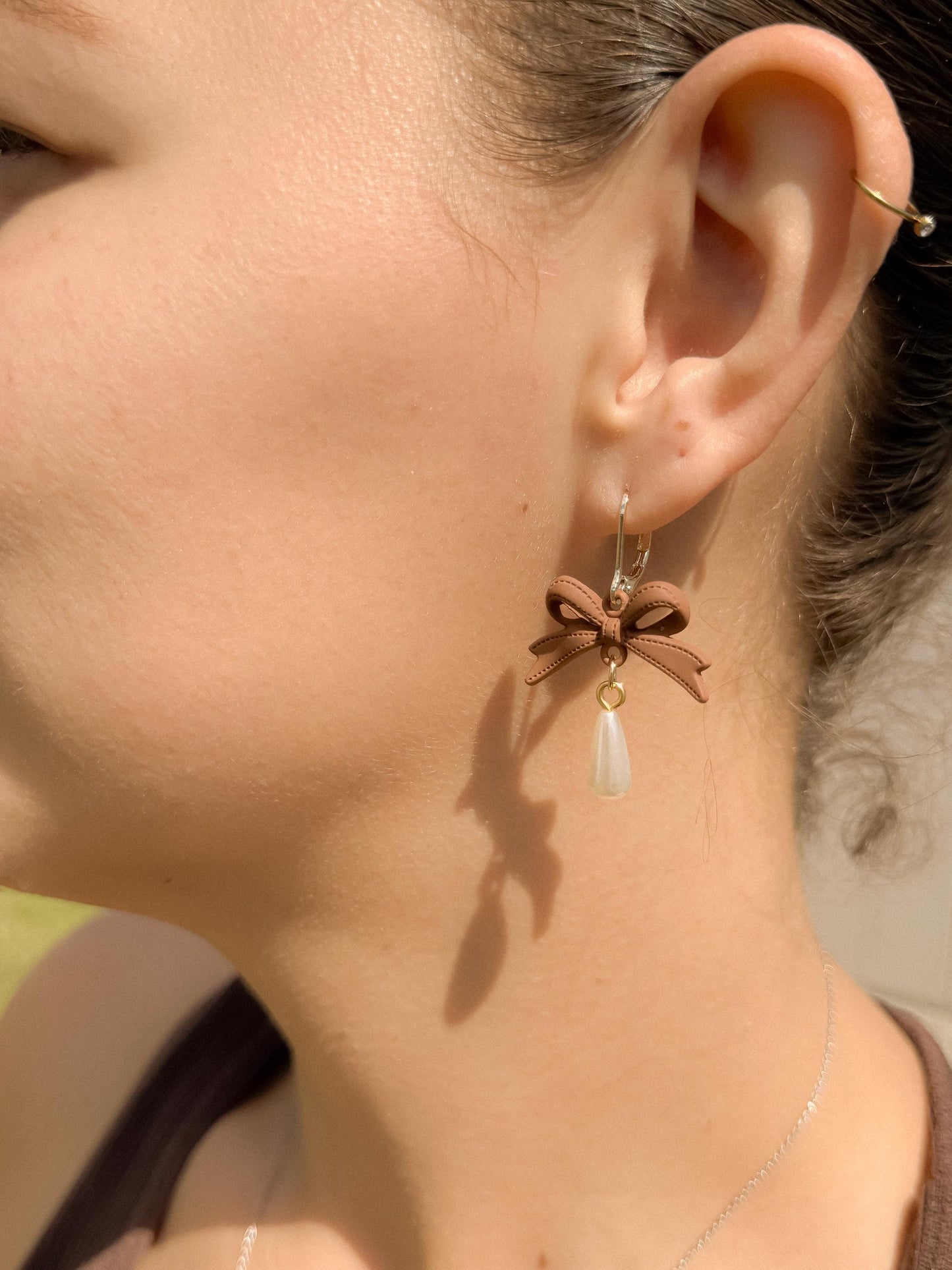 Handmade Brown Bow Earrings: Polymer Dangle with Pearl Drop