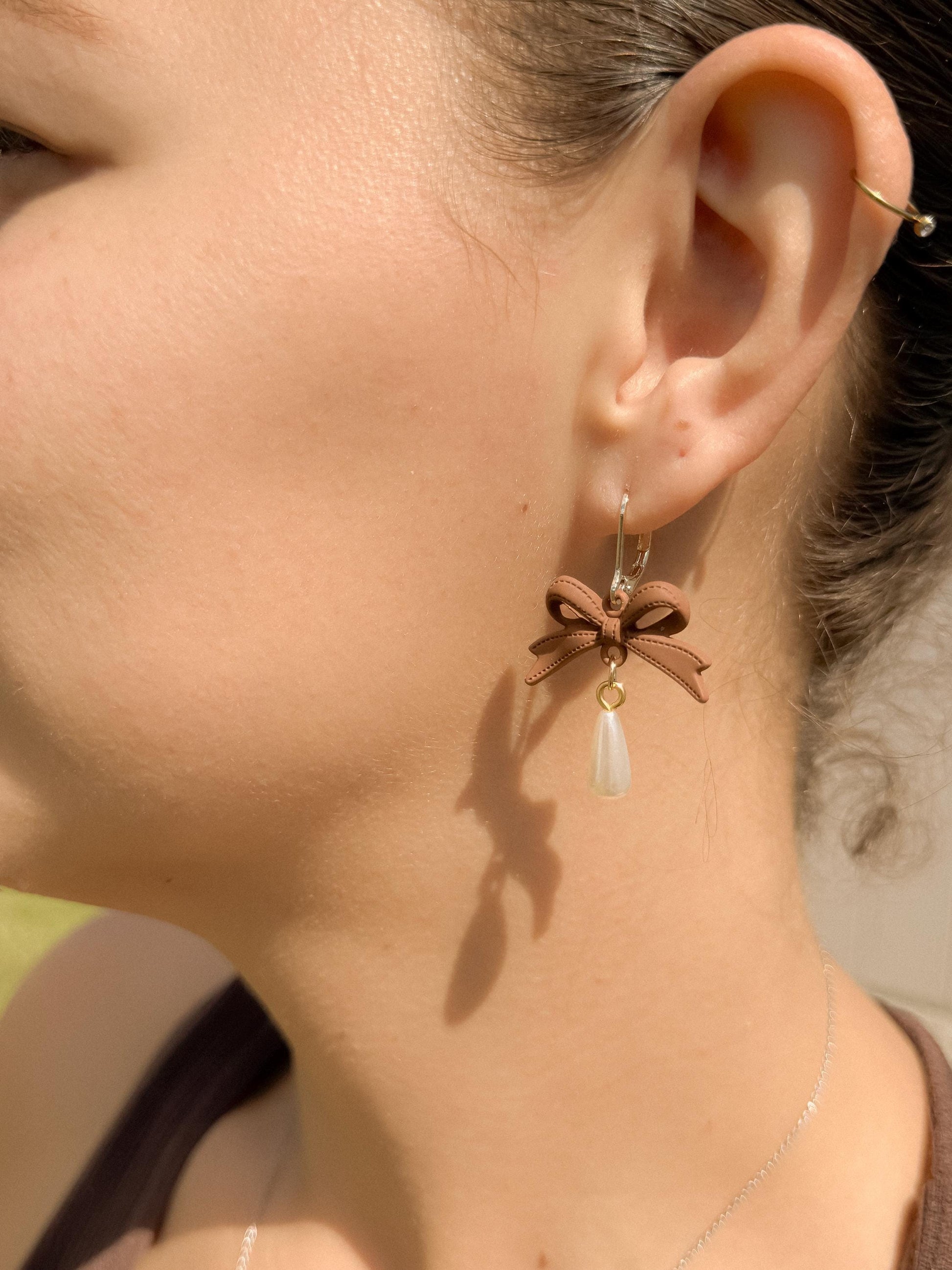 Handmade Brown Bow Earrings: Polymer Dangle with Pearl Drop