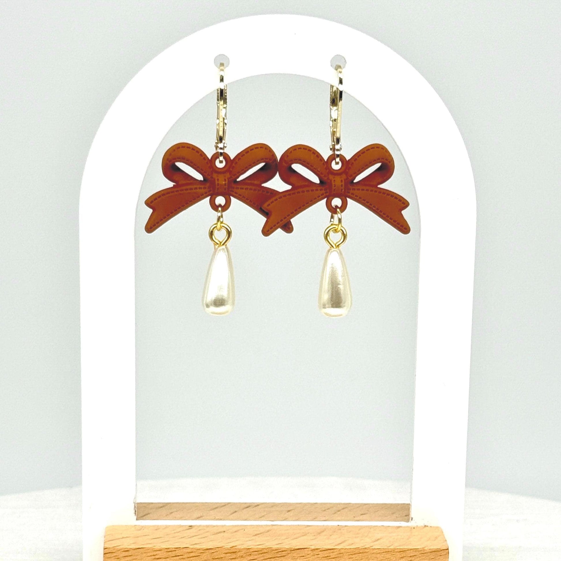 Handmade Brown Bow Earrings: Polymer Dangle with Pearl Drop