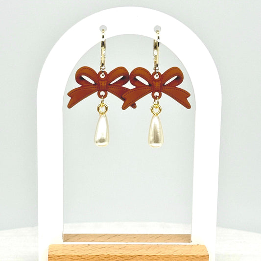 Handmade Brown Bow Earrings: Polymer Dangle with Pearl Drop