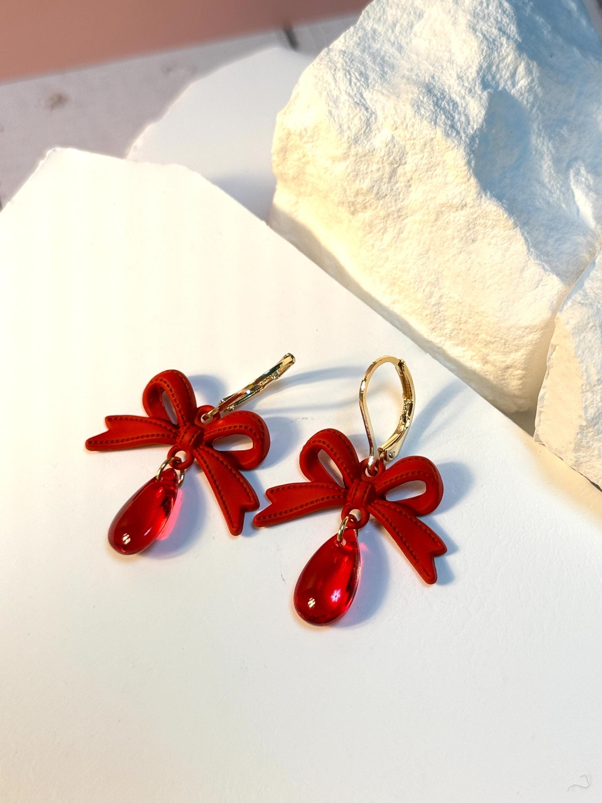 Handmade Red Bow Dangle Earrings: Resin Teardrop Statement Jewelry