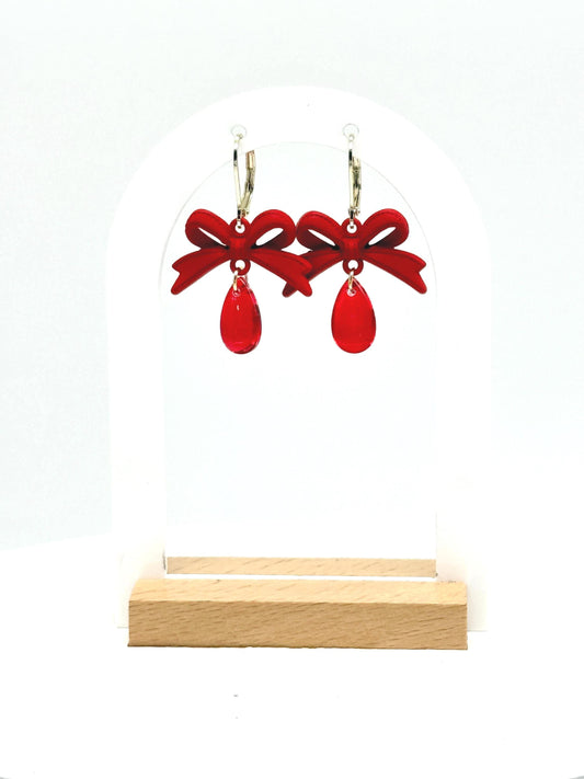 Handmade Red Bow Dangle Earrings: Resin Teardrop Statement Jewelry