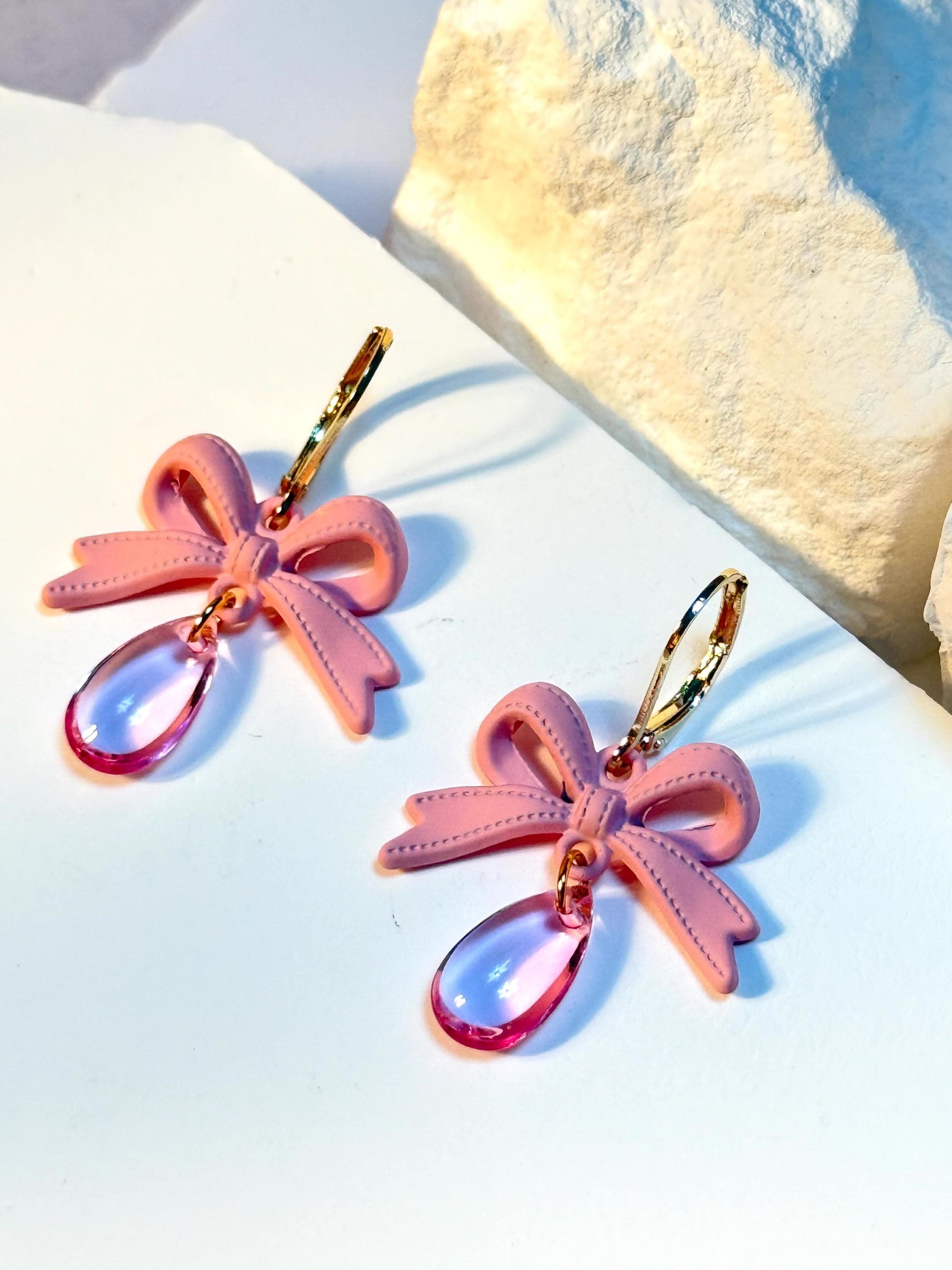 Handmade Pink Bow Dangle Earrings: Kawaii Teardrop Jewelry