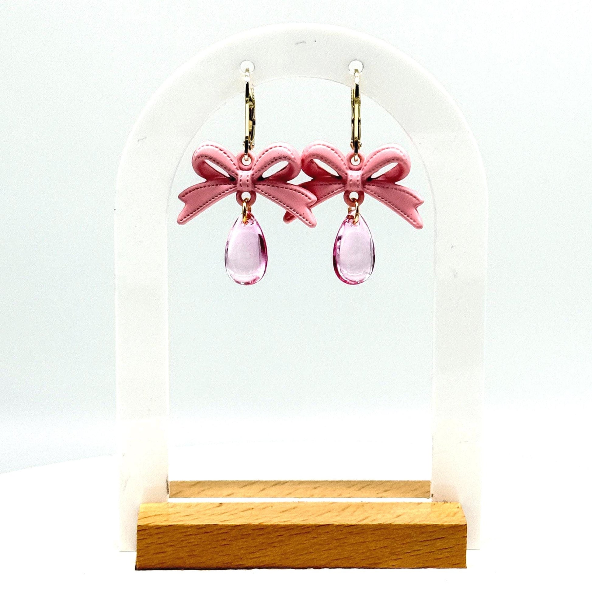 Handmade Pink Bow Dangle Earrings: Kawaii Teardrop Jewelry